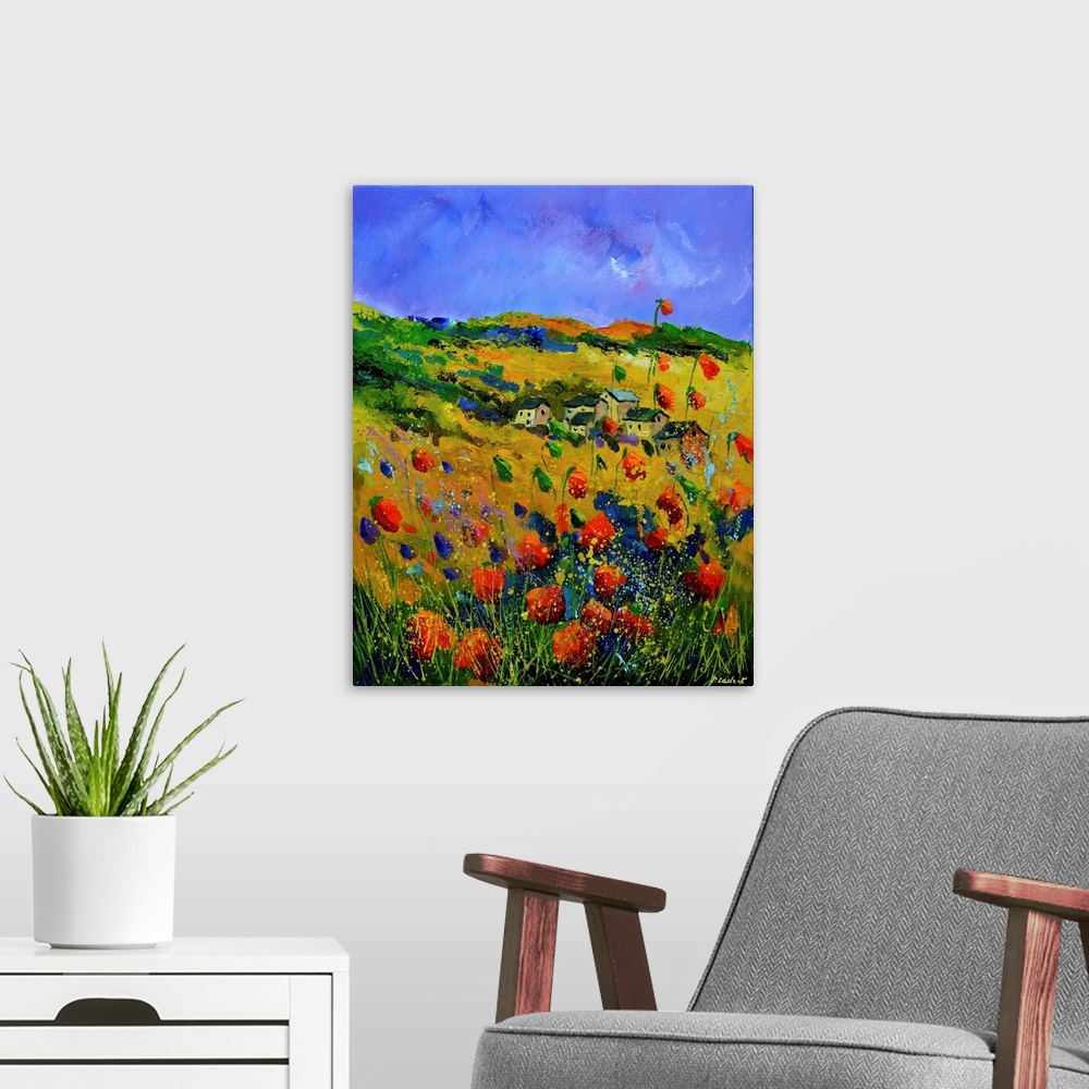 A modern room featuring Contemporary abstract painting of a wildflowers with houses in the distance.