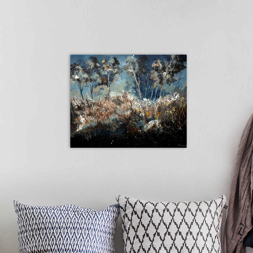 A bohemian room featuring Abstract landscape painting in dark hues.
