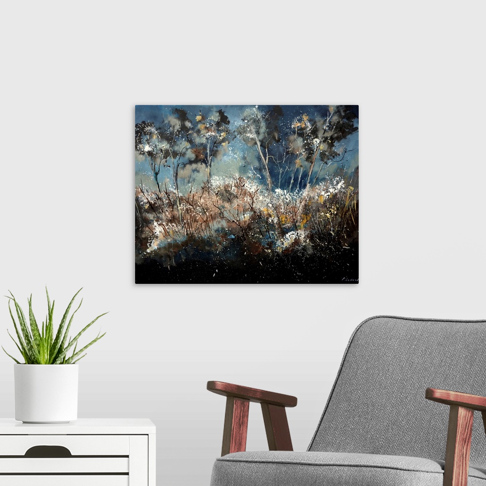 A modern room featuring Abstract landscape painting in dark hues.