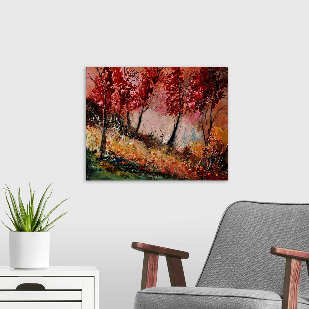 A modern room featuring Landscape painting of a group of red leaved trees in the fall with speckles of paint overlapping.