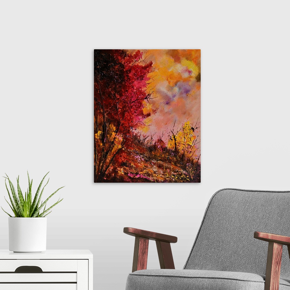 A modern room featuring Vertical painting of a group of red leaved trees in the fall with speckles of paint overlapping.