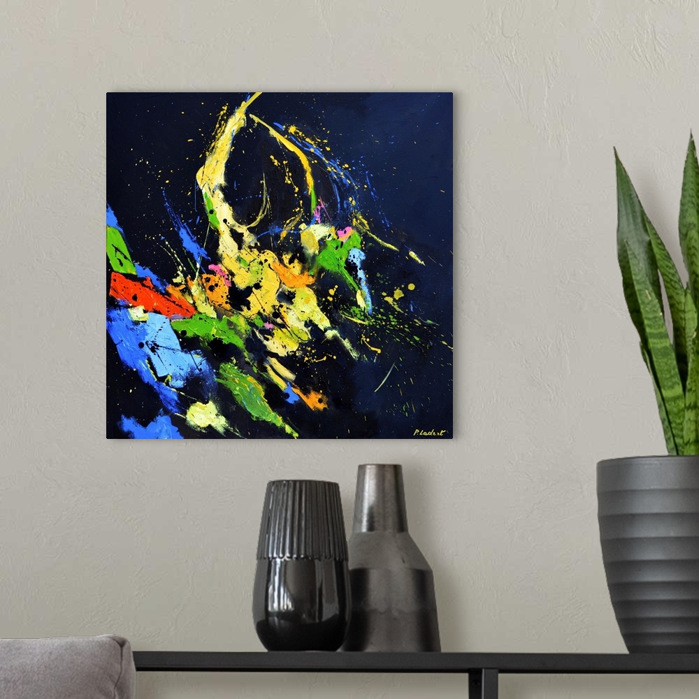 A modern room featuring Contemporary abstract painting on a dark navy background.