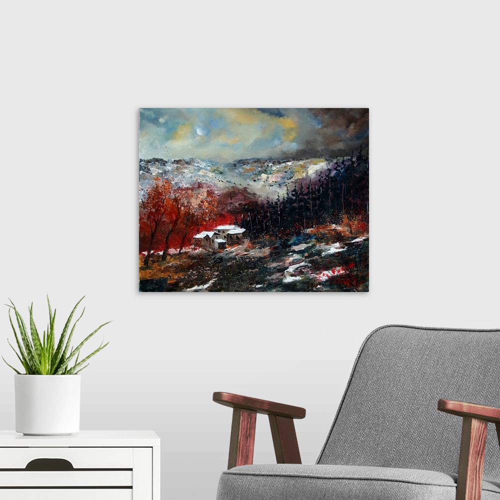 A modern room featuring Horizontal painting of the last snow of winter covering a house in a valley surround by mountains.