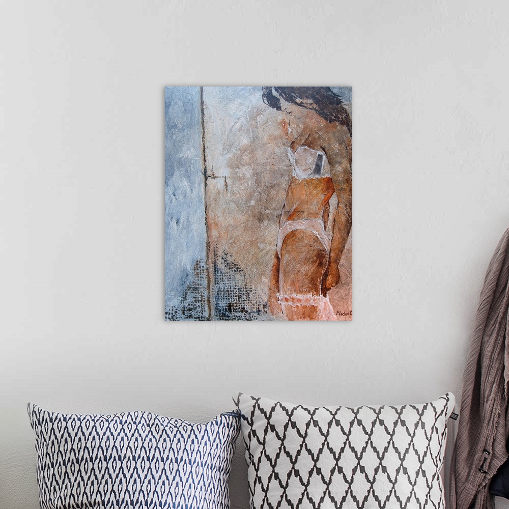 A bohemian room featuring A painting of a woman wearing lingerie, looking in front of her, done in textured neutral tones.