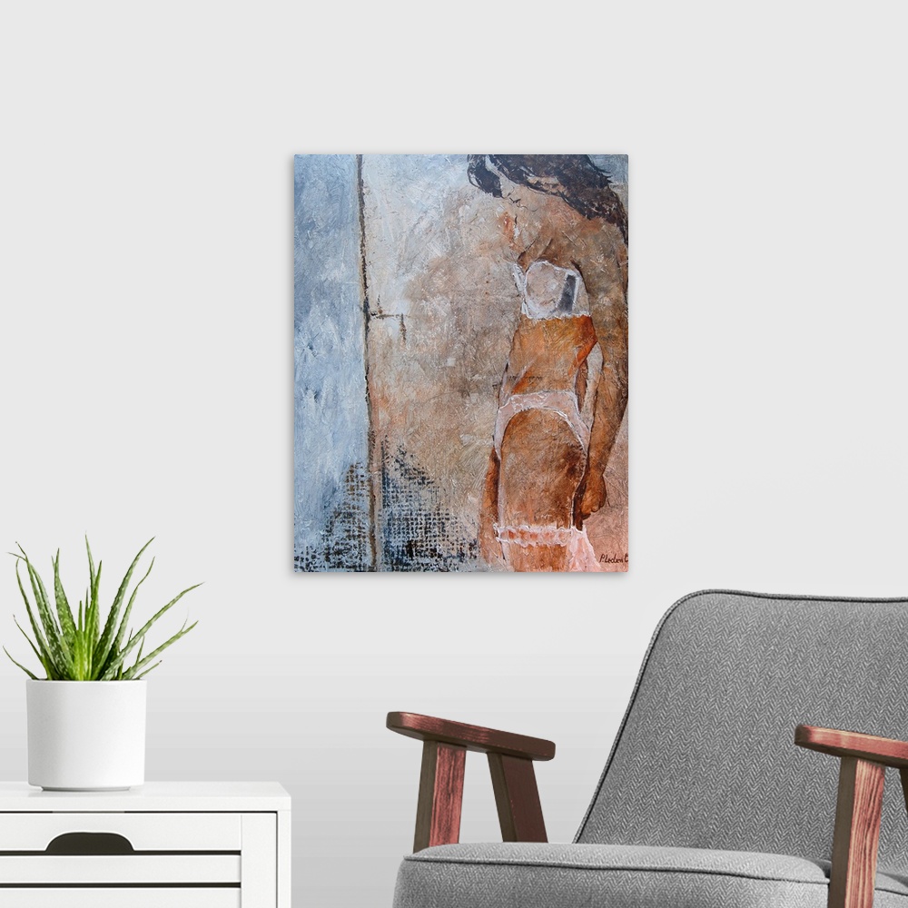 A modern room featuring A painting of a woman wearing lingerie, looking in front of her, done in textured neutral tones.