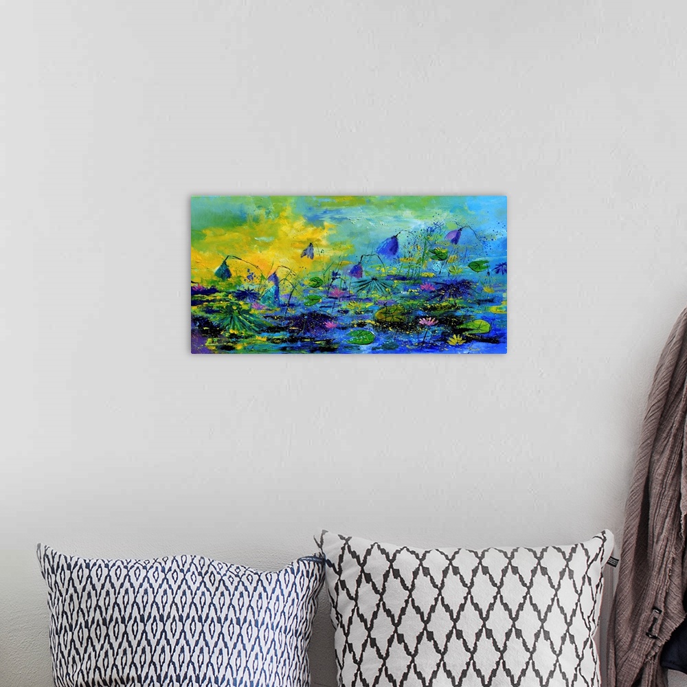 A bohemian room featuring Contemporary abstract landscape of lilies and lily pads floating on a pond.