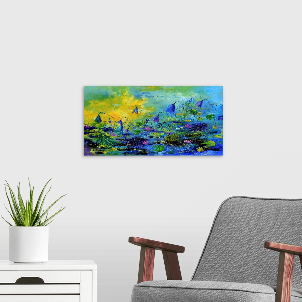 A modern room featuring Contemporary abstract landscape of lilies and lily pads floating on a pond.