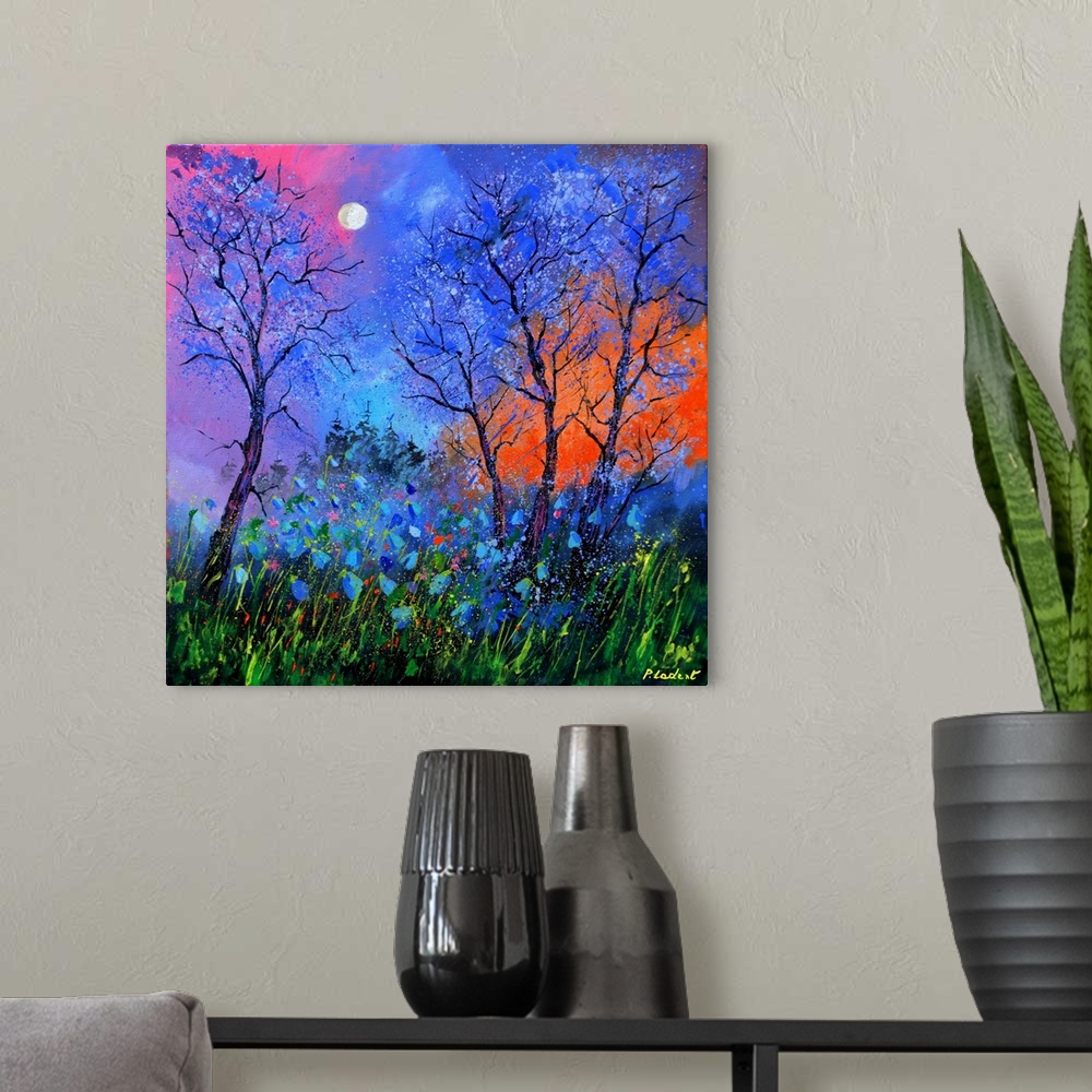 A modern room featuring Contemporary painting of trees surrounded by wildflowers with a colorful sky above and a bright m...