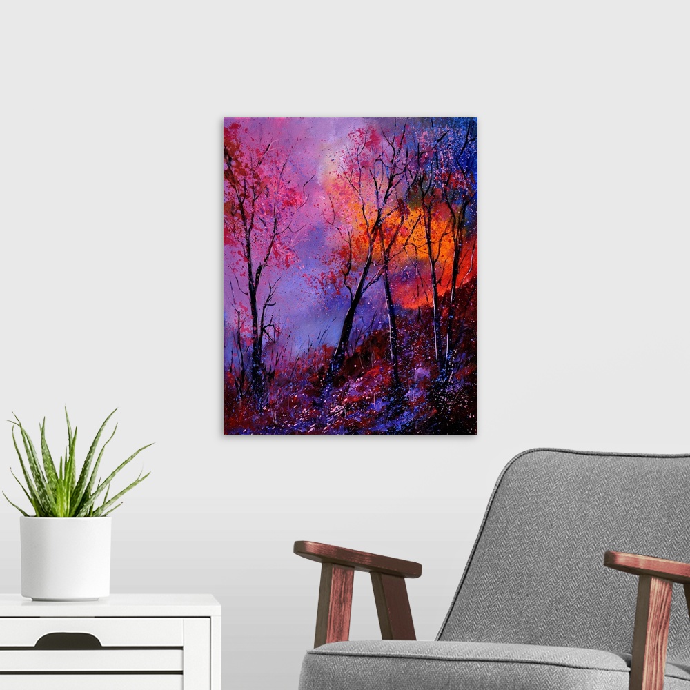 A modern room featuring A vibrant colored painting of a forest with a bed of flowers and a pink and orange sky.