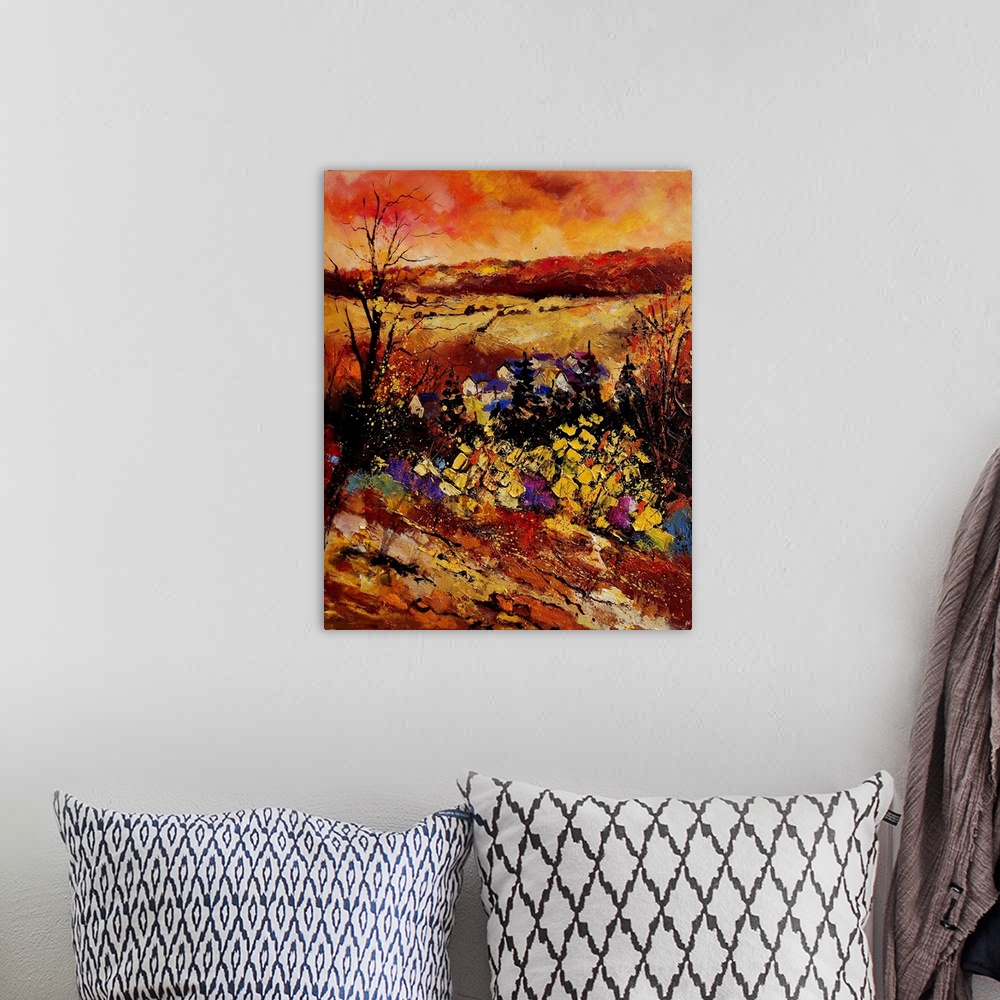 A bohemian room featuring Painting of a field of flowers in Manhay, Belgium using bright, warm colors.