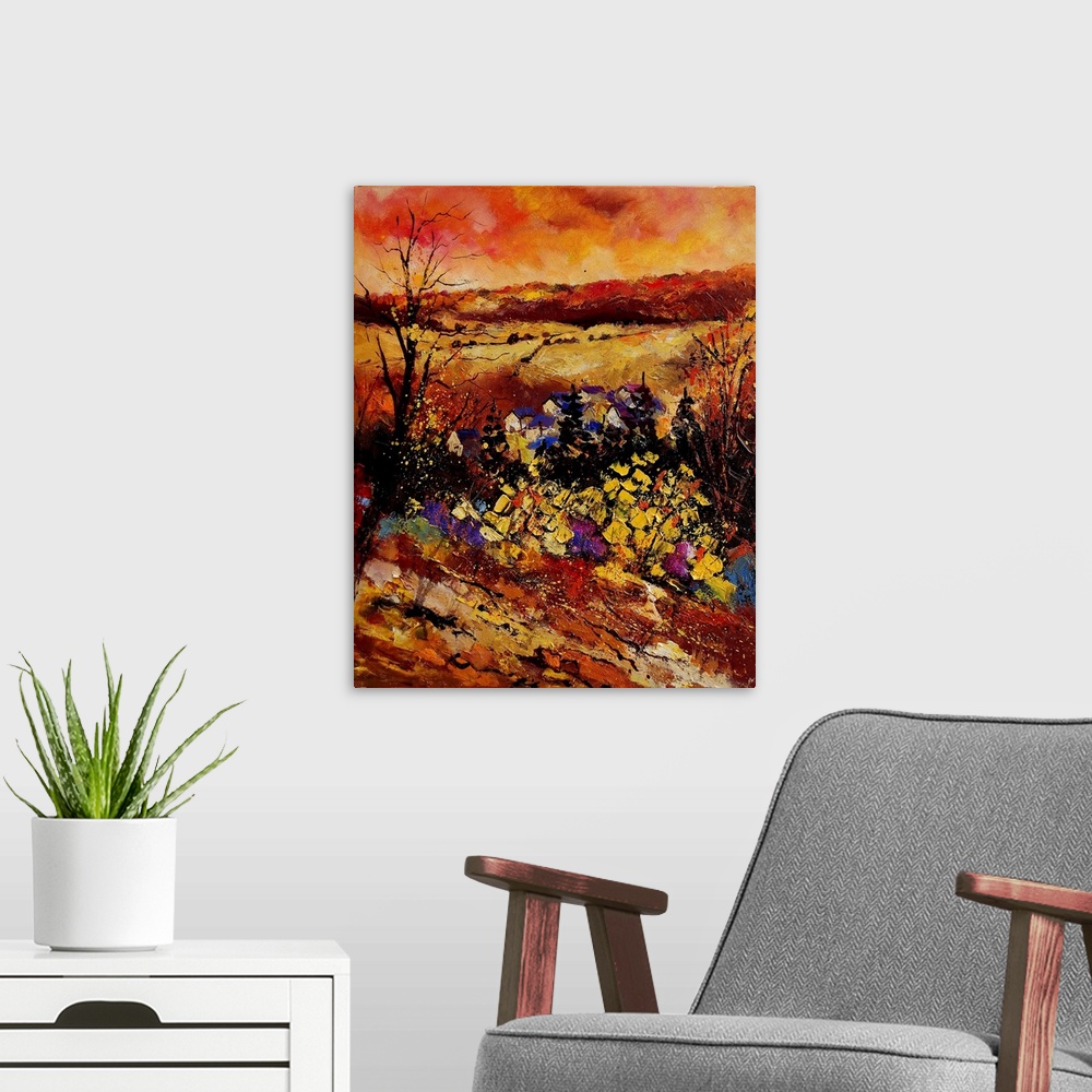 A modern room featuring Painting of a field of flowers in Manhay, Belgium using bright, warm colors.