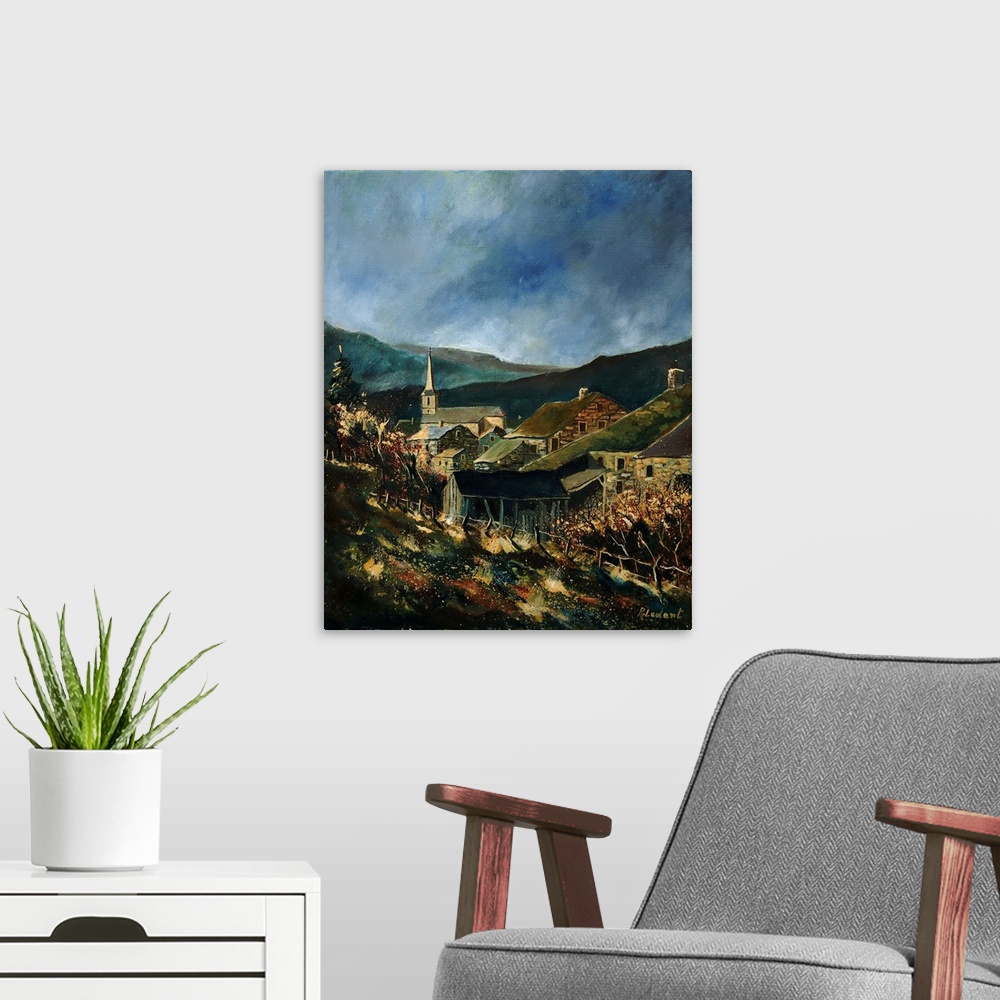 A modern room featuring A vertical painting of the the village of Agimont in Belgium.