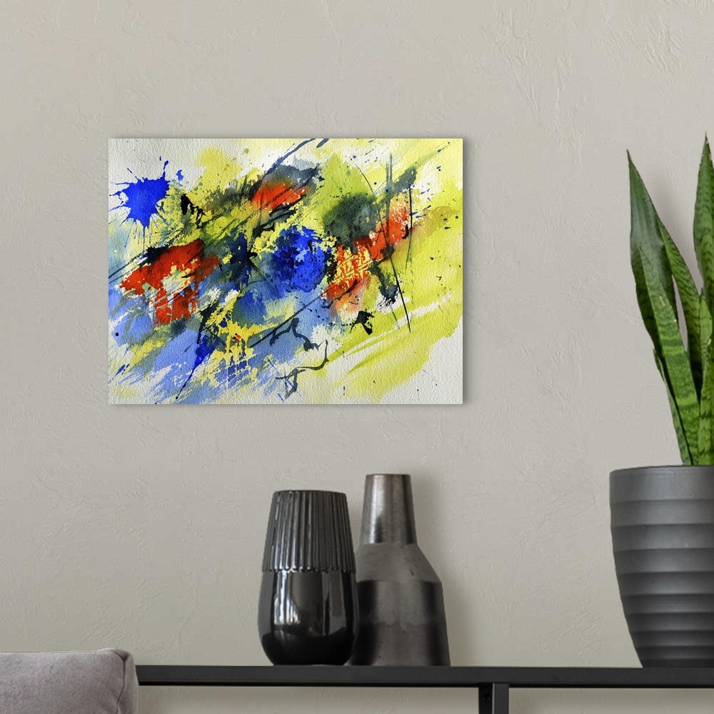 A modern room featuring Abstract painting in shades of black, blue, red and yellow with splatters of paint overlapping.