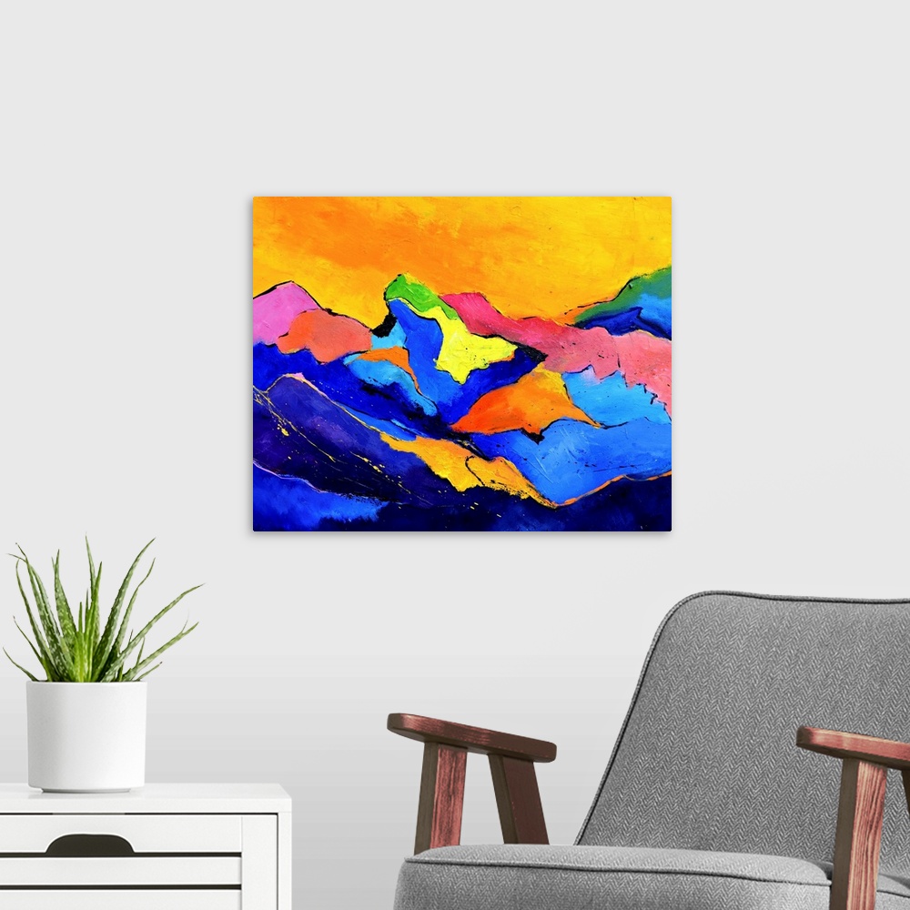 A modern room featuring Horizontal abstract landscape of multi-colored mountain ridges in vibrant colors of orange, blue ...