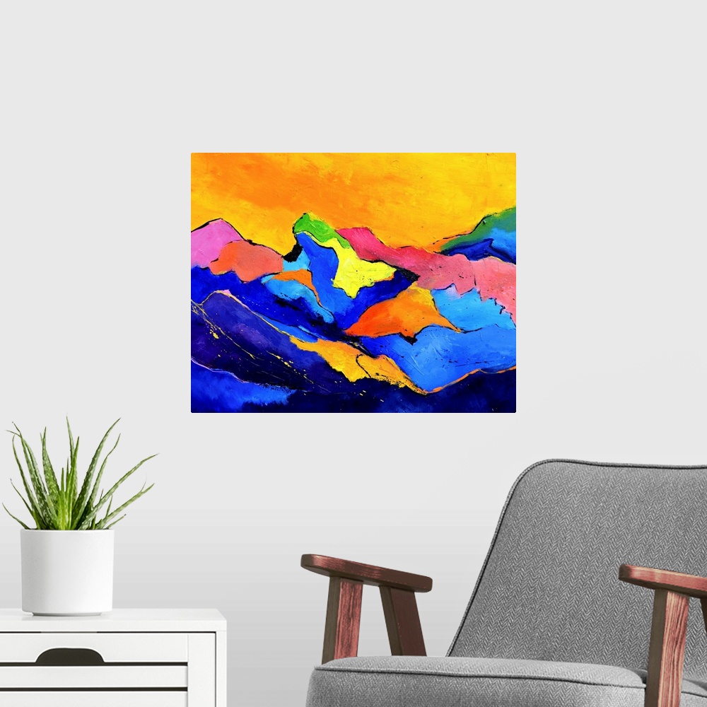 A modern room featuring Horizontal abstract landscape of multi-colored mountain ridges in vibrant colors of orange, blue ...