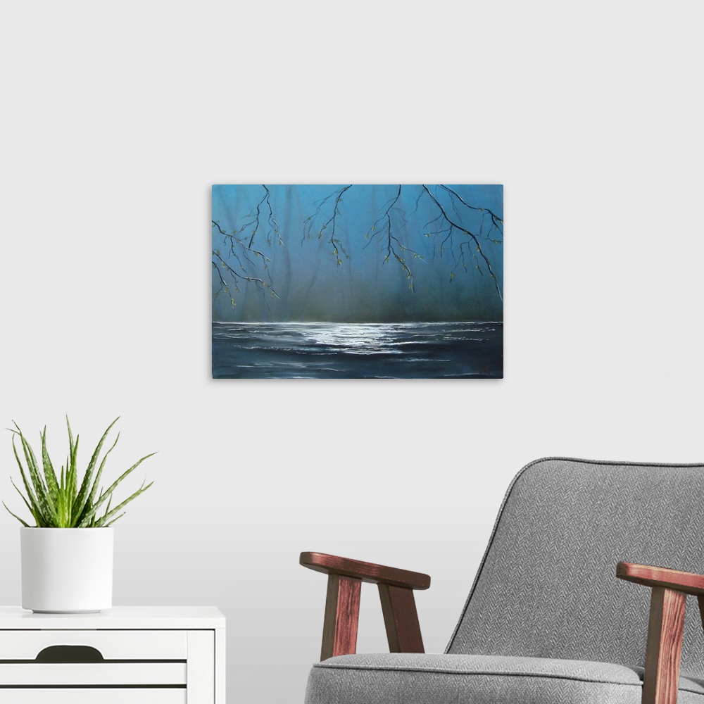 A modern room featuring Painting of a river surround by mist and sparse trees.