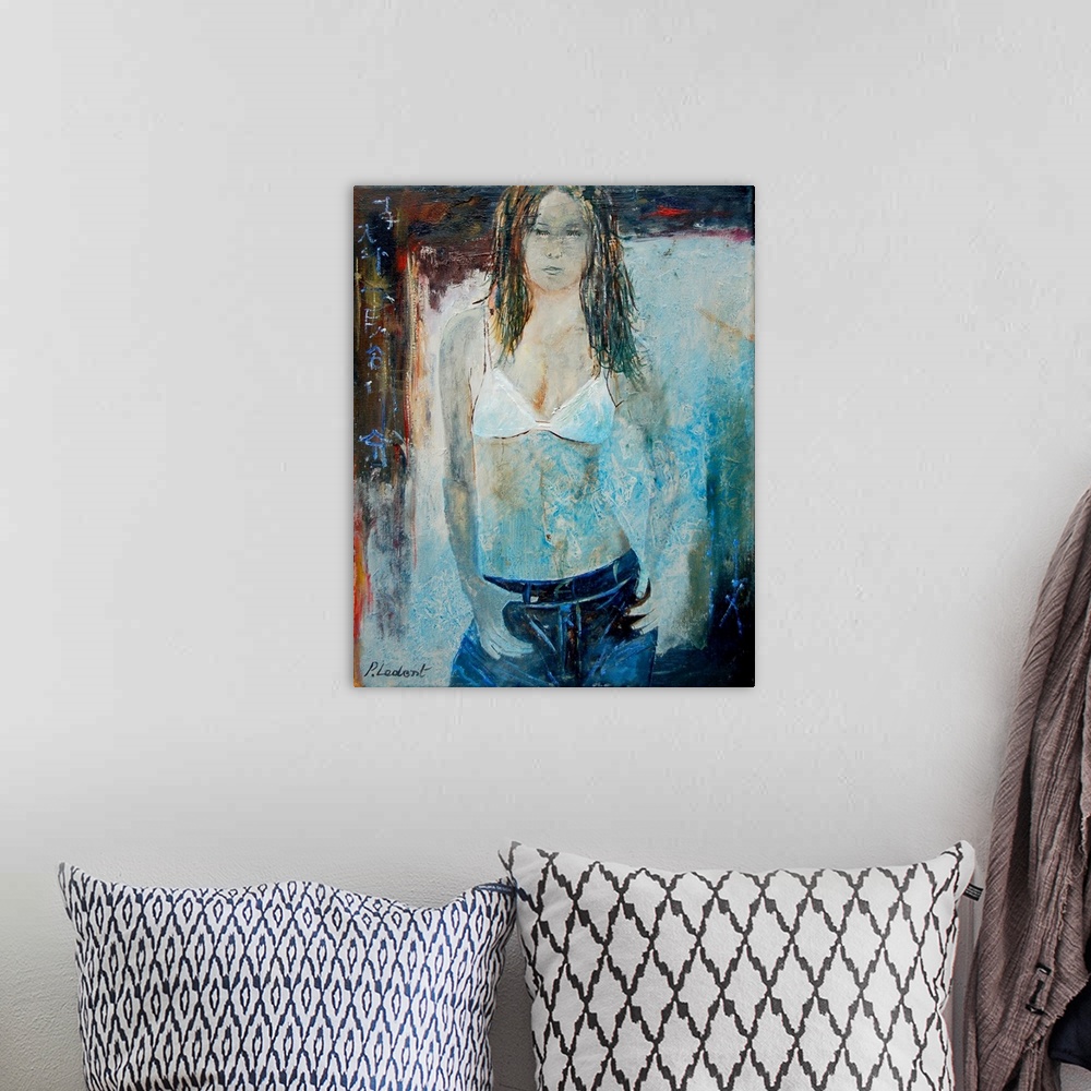 A bohemian room featuring Modern portrait of a woman from the wearing a white bra and jeans.