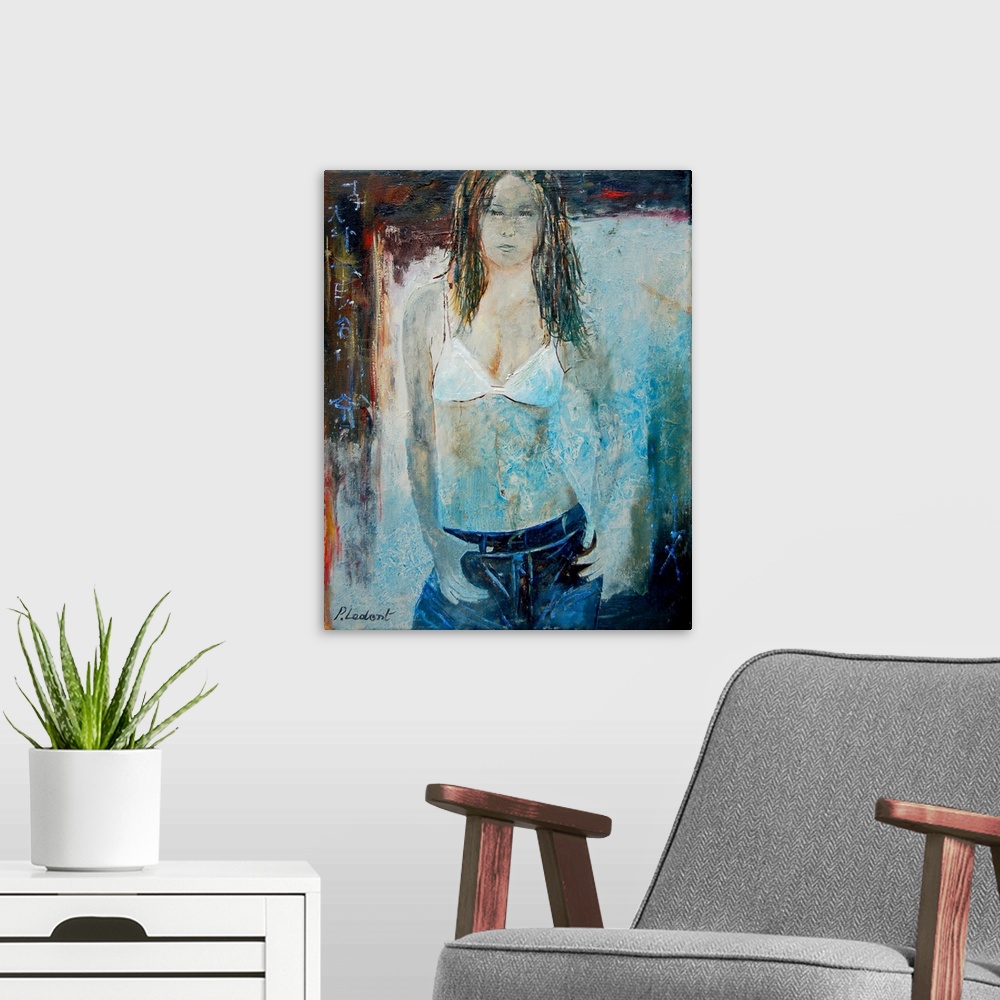 A modern room featuring Modern portrait of a woman from the wearing a white bra and jeans.