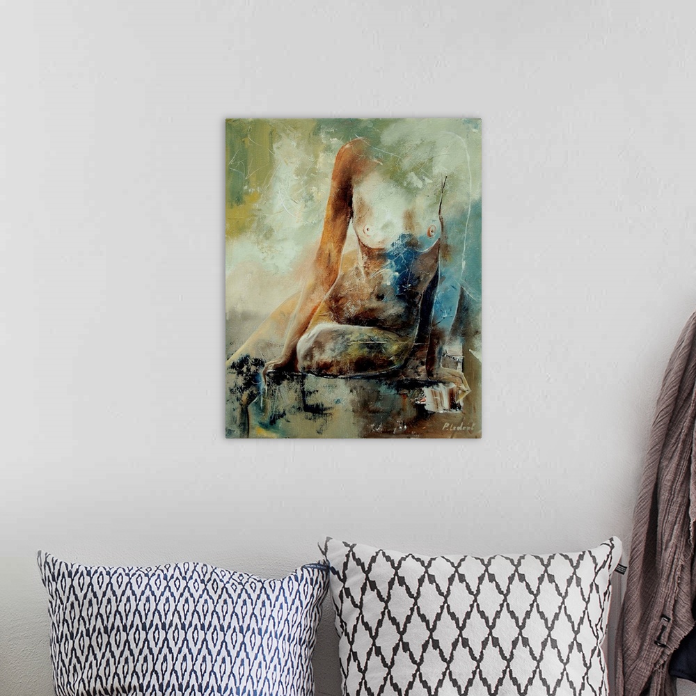 A bohemian room featuring A nude painting of a woman  sitting from the shoulders down in textured neutral colors of gray, b...