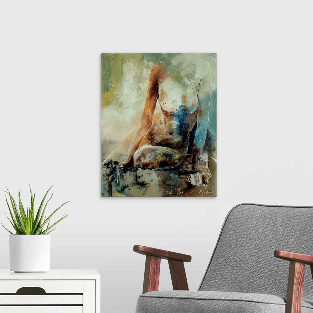 A modern room featuring A nude painting of a woman  sitting from the shoulders down in textured neutral colors of gray, b...