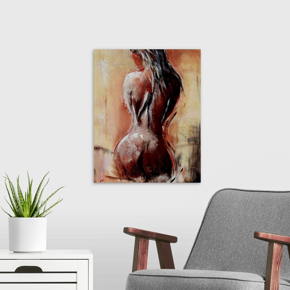 A modern room featuring A nude painting of the back of a woman sitting on her legs in textured neutral colors and red acc...