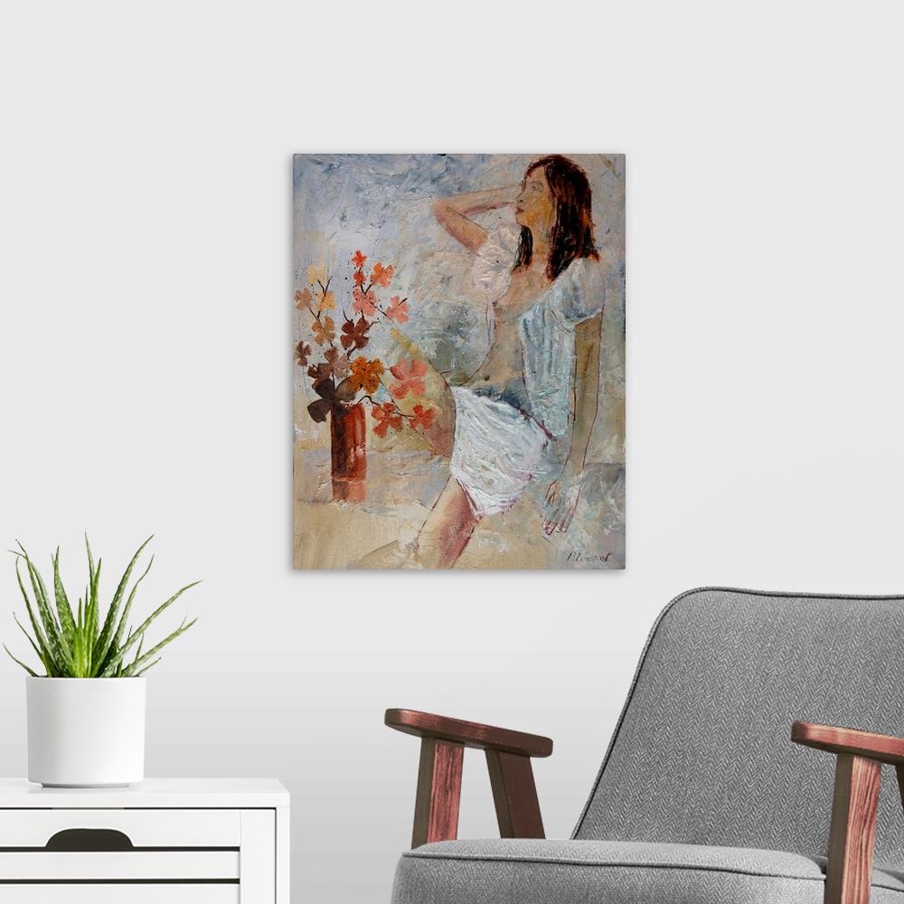 A modern room featuring A painting of a woman in white sitting next to a vase of flowers.