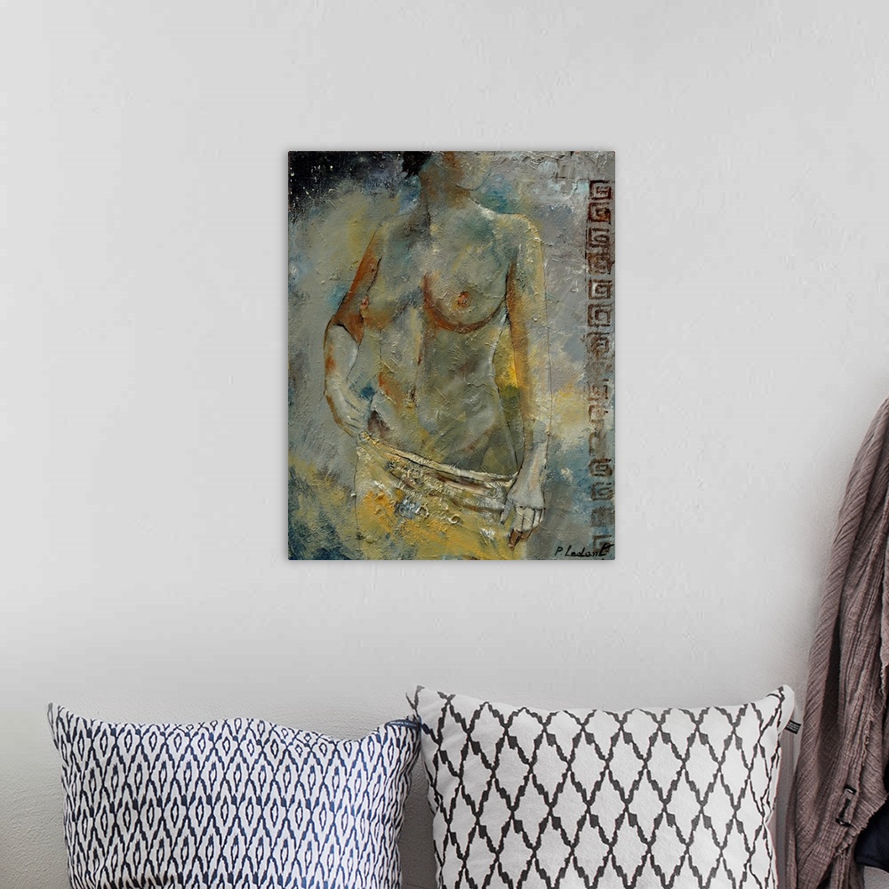 A bohemian room featuring A painting of a nude woman looking over her shoulder while holding a cloth to her waist, done in ...