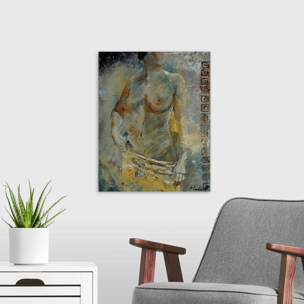 A modern room featuring A painting of a nude woman looking over her shoulder while holding a cloth to her waist, done in ...