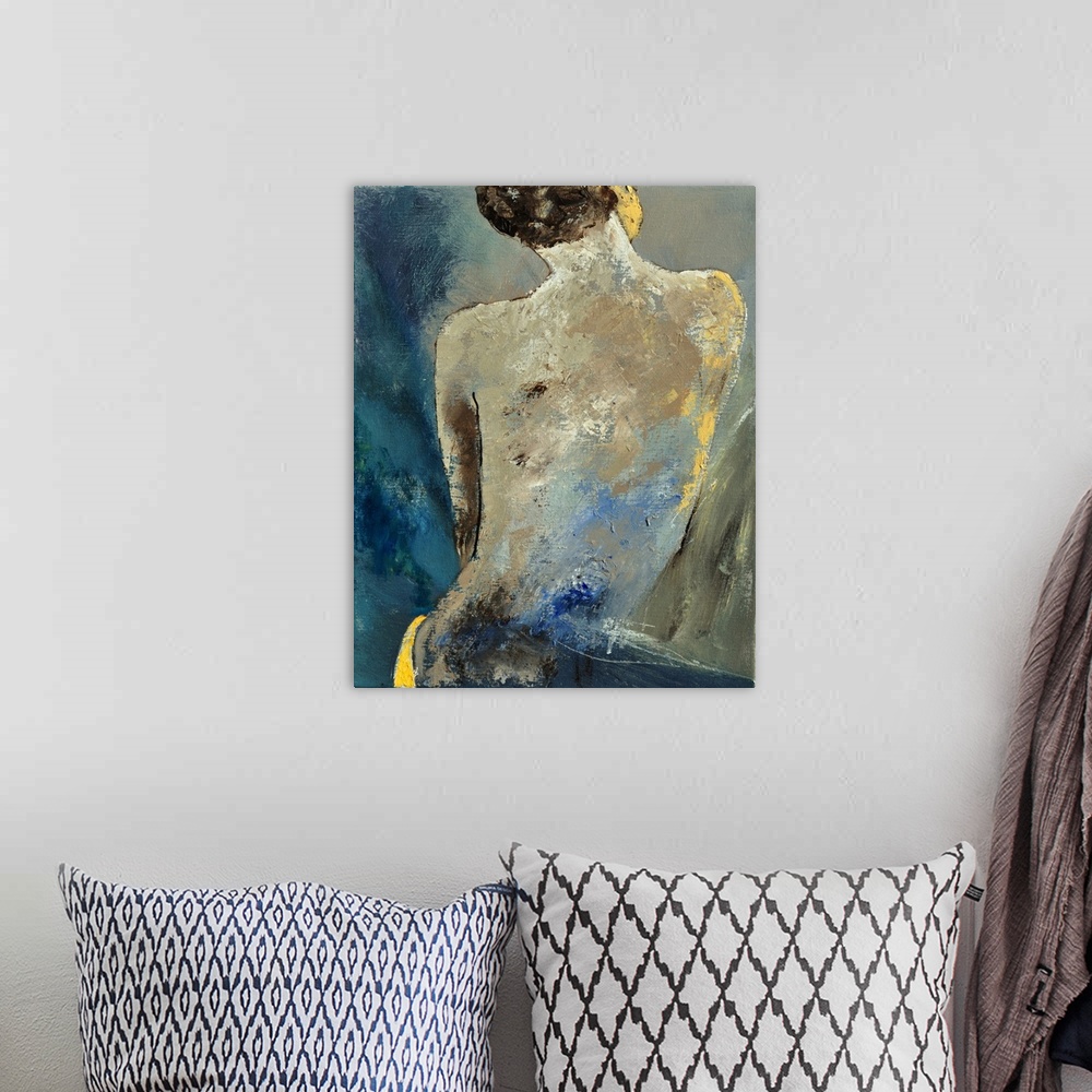 A bohemian room featuring A painting of a nude woman, with her back towards the viewer, done in textured neutral tones.