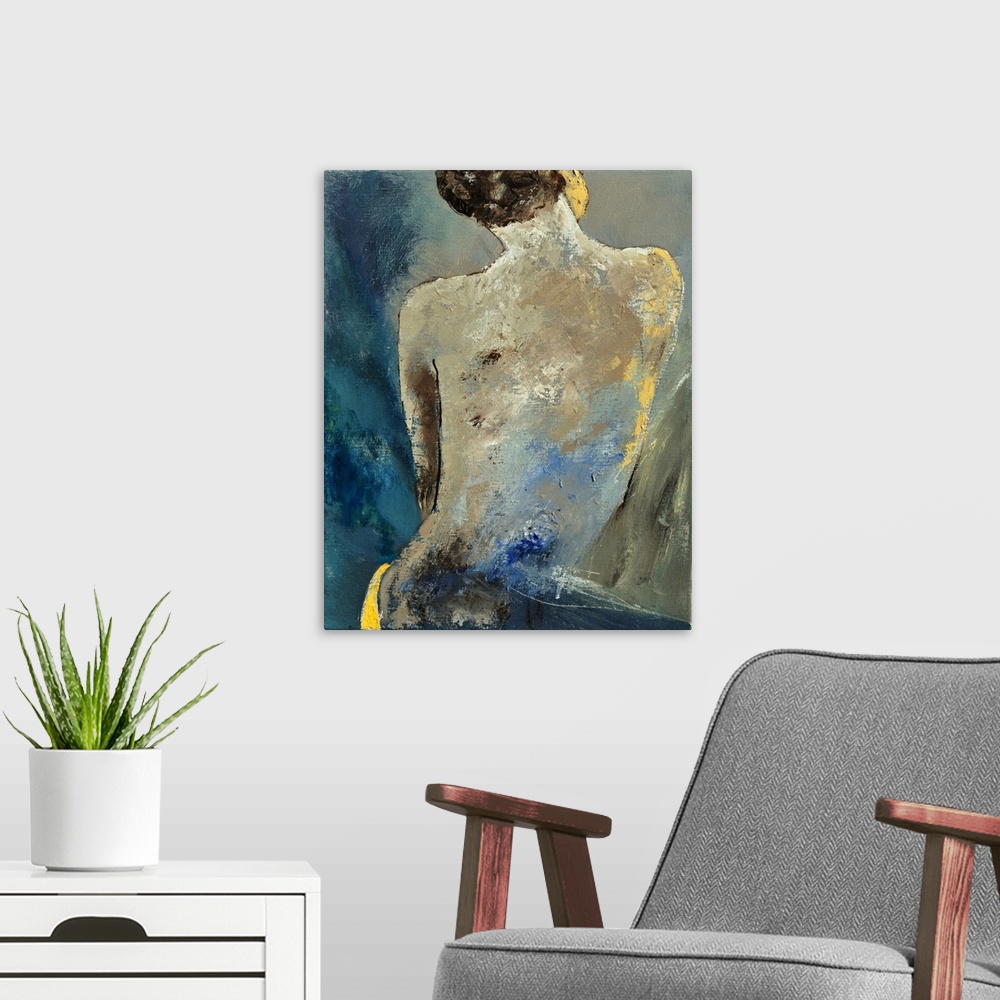 A modern room featuring A painting of a nude woman, with her back towards the viewer, done in textured neutral tones.
