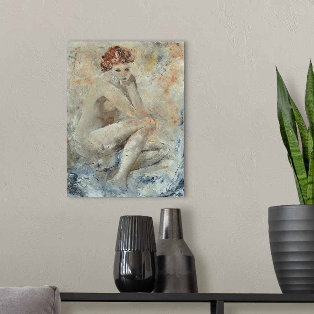 A modern room featuring A portrait of a nude woman resting her chin on her hand as she sits, done in textured neutral tones.