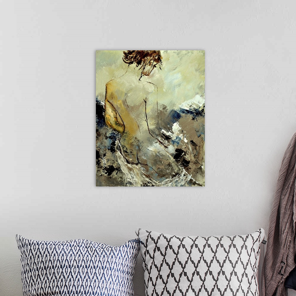 A bohemian room featuring A painting of a nude woman reading a book, with her back towards the viewer, done in textured neu...