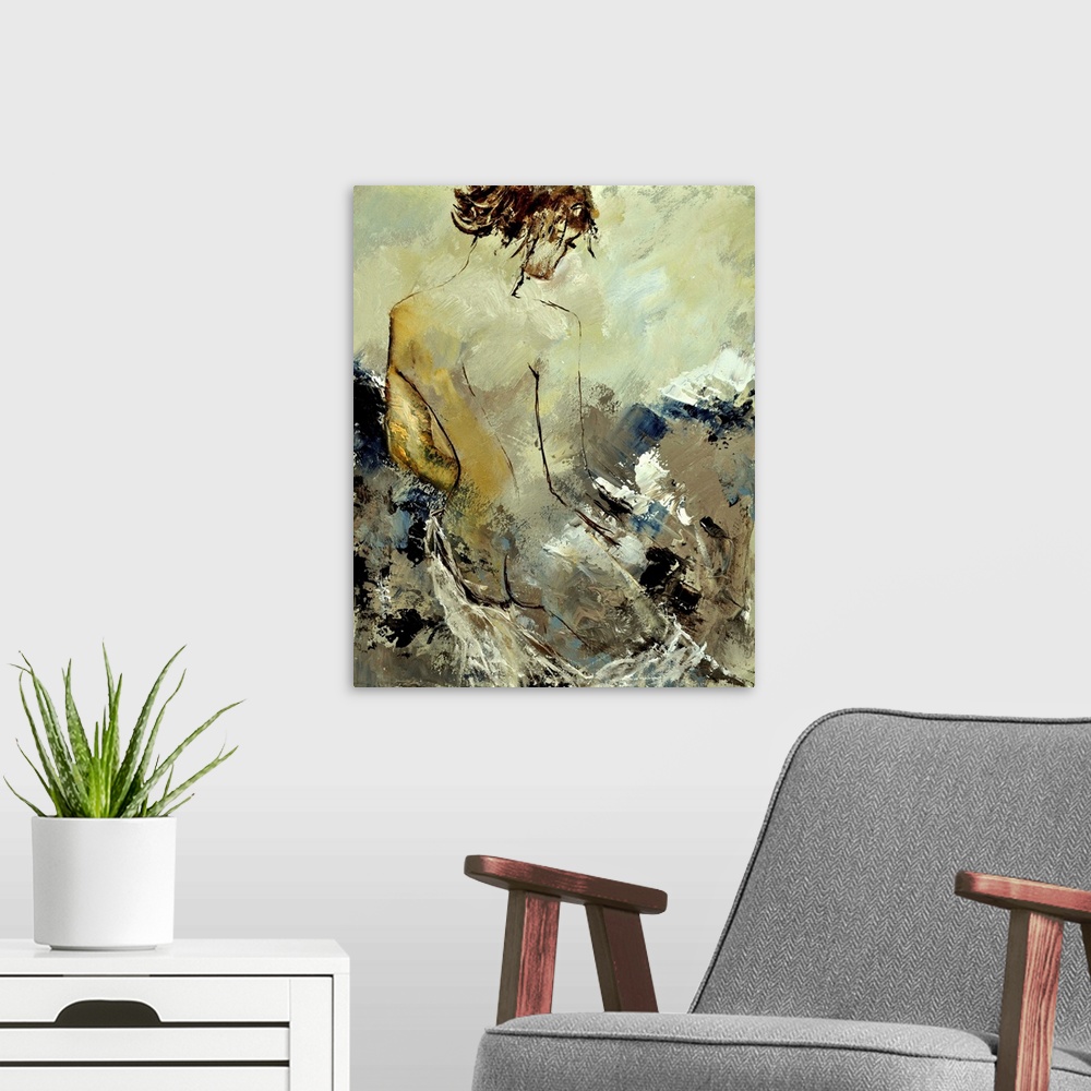 A modern room featuring A painting of a nude woman reading a book, with her back towards the viewer, done in textured neu...