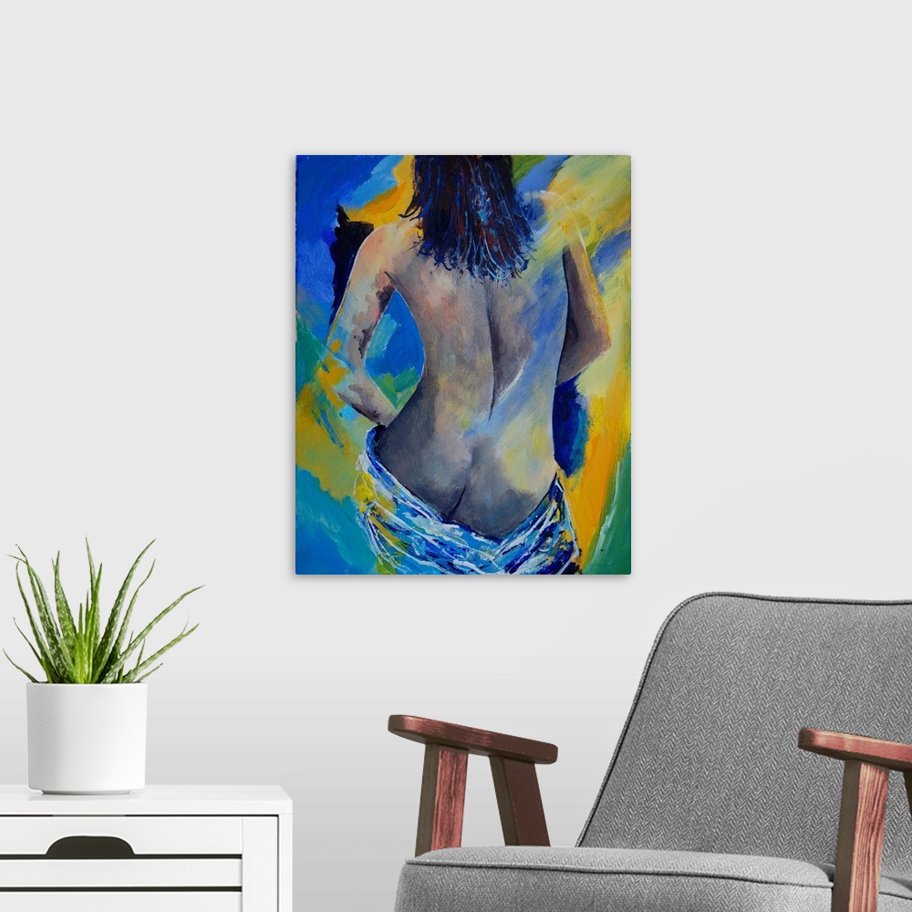 A modern room featuring A nude painting of the back of a woman draped in a white cloth in textured colors of blue and yel...