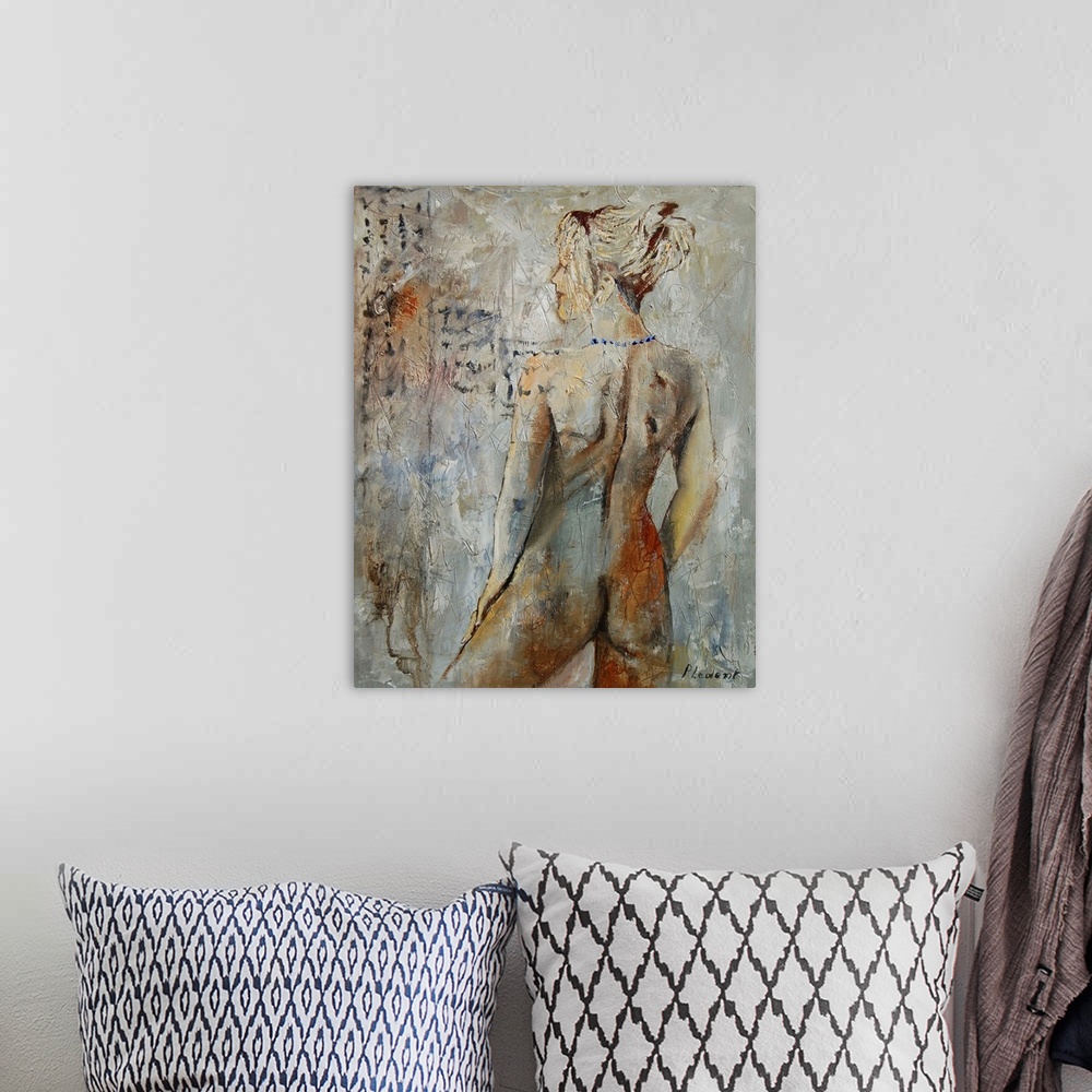 A bohemian room featuring A nude painting of the back of a woman as she looks over her shoulder in neutral shades of textur...