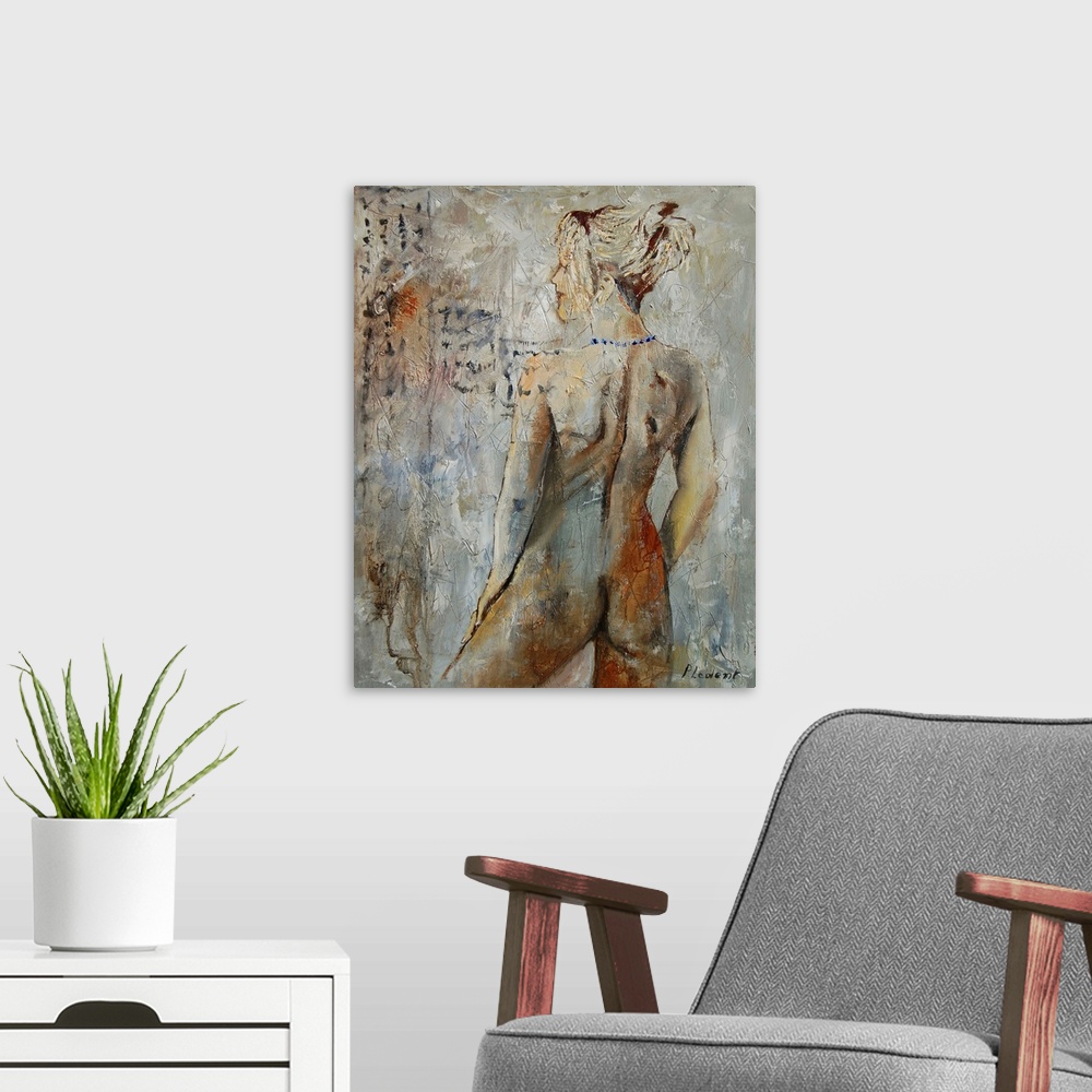 A modern room featuring A nude painting of the back of a woman as she looks over her shoulder in neutral shades of textur...