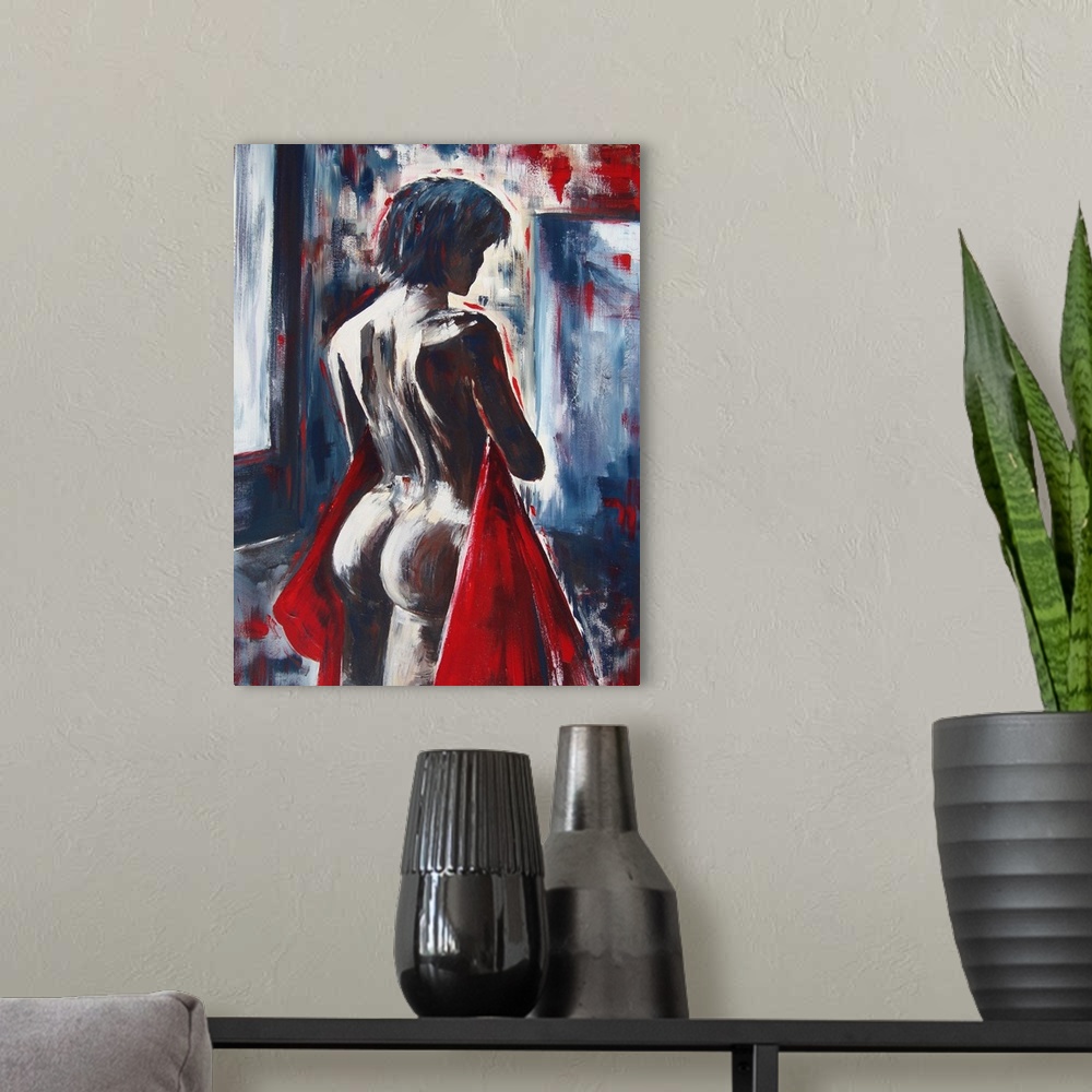 A modern room featuring A nude painting of the back of a woman holding a red cloth to her front.