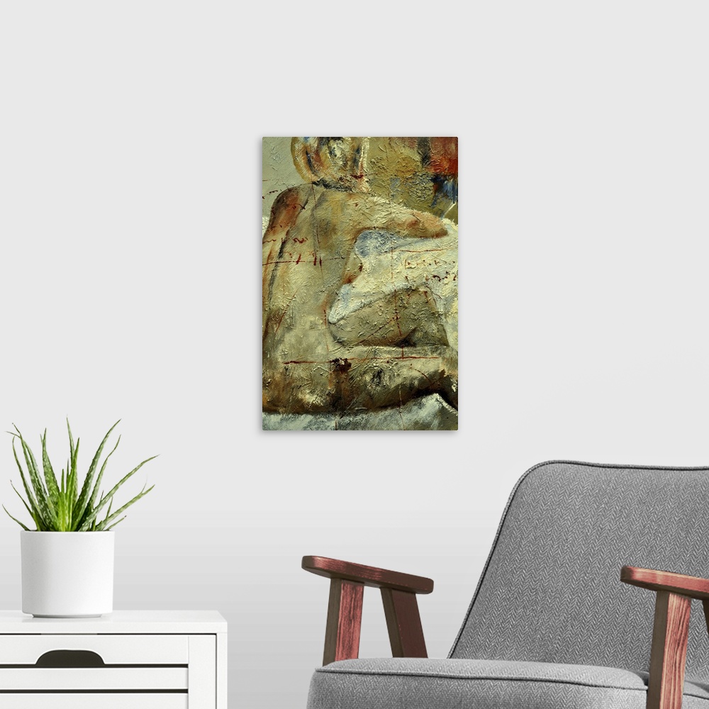 A modern room featuring A nude painting of the back of a woman sitting in textured neutral colors and red accents.
