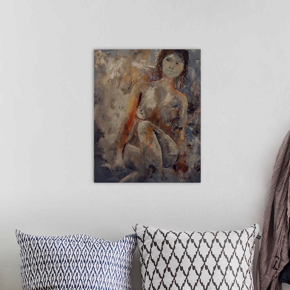 A bohemian room featuring A nude portrait of a woman sitting, painted in textured neutral colors with orange accents.