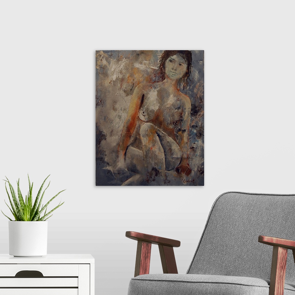 A modern room featuring A nude portrait of a woman sitting, painted in textured neutral colors with orange accents.