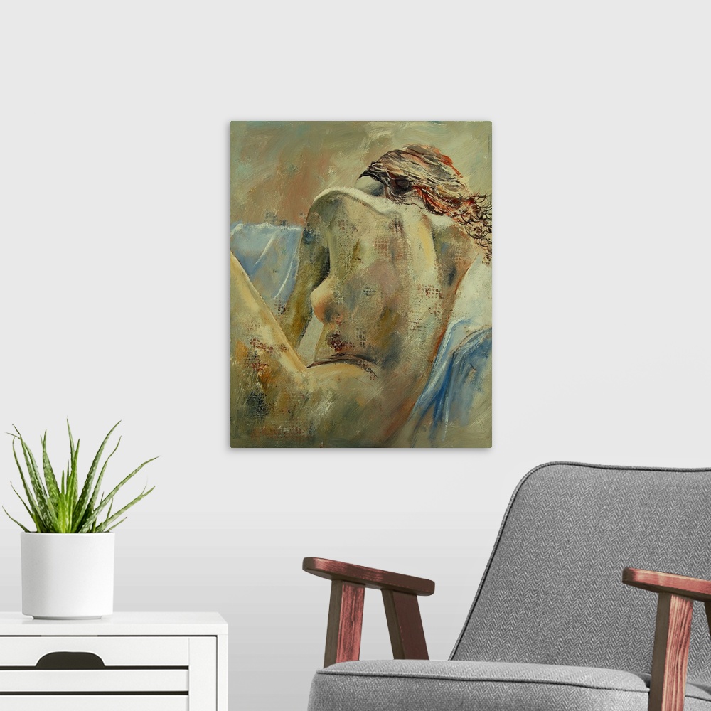 A modern room featuring A nude portrait of a woman sitting, facing away, painted in textured neutral colors with blue acc...