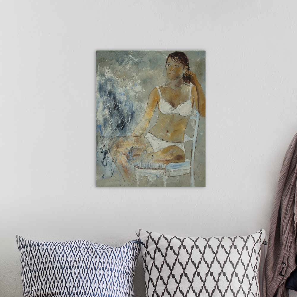 A bohemian room featuring A painting of a woman wearing white lingerie sitting in a chair done in textured neutral tones.