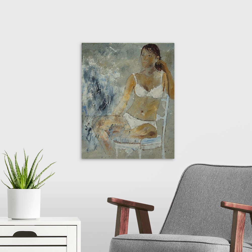 A modern room featuring A painting of a woman wearing white lingerie sitting in a chair done in textured neutral tones.