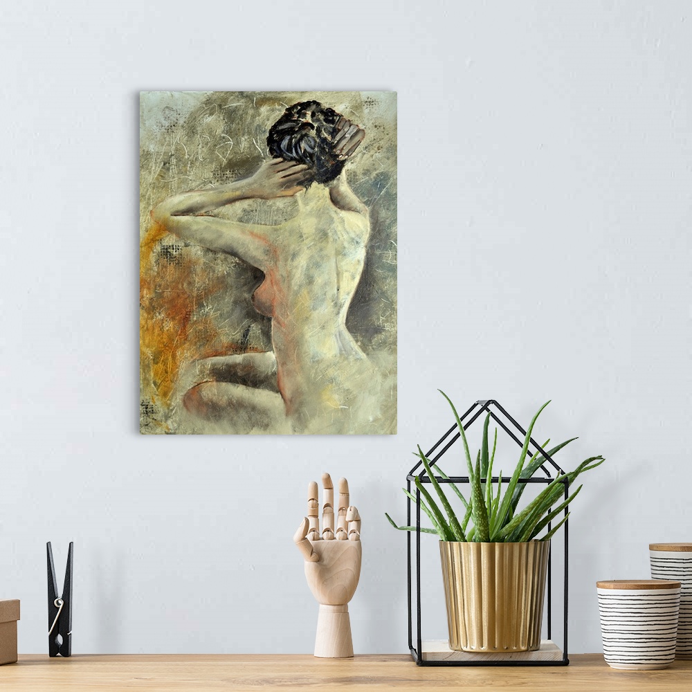 A bohemian room featuring A painting of a nude woman adjusting her hair, with her back towards the viewer, done in textured...