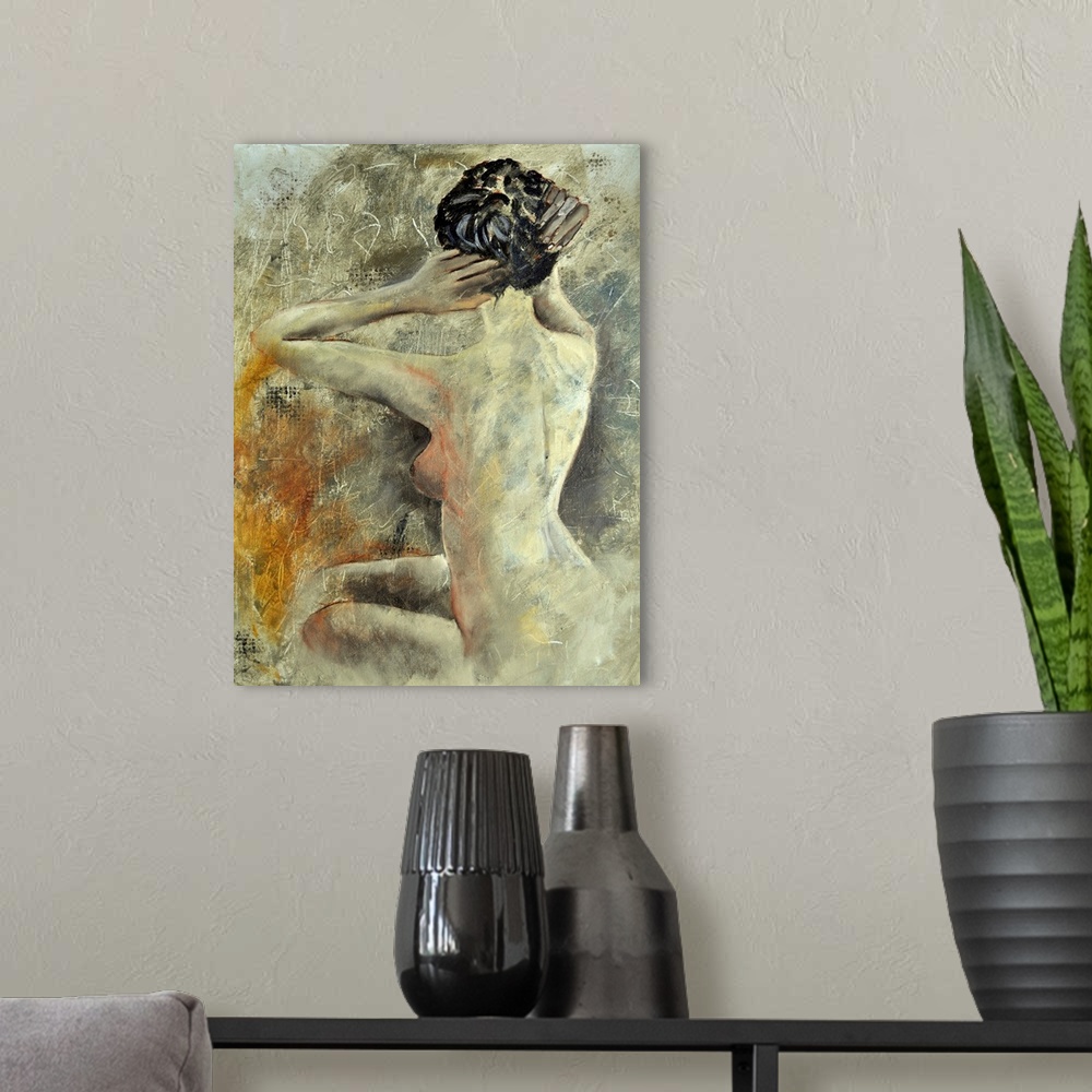 A modern room featuring A painting of a nude woman adjusting her hair, with her back towards the viewer, done in textured...