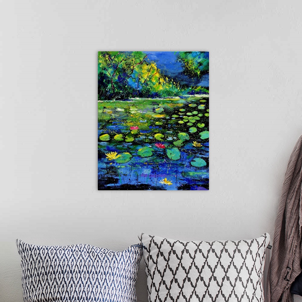 A bohemian room featuring Vertical painting of a pond with water lilies and small speckles of paint overlapping.