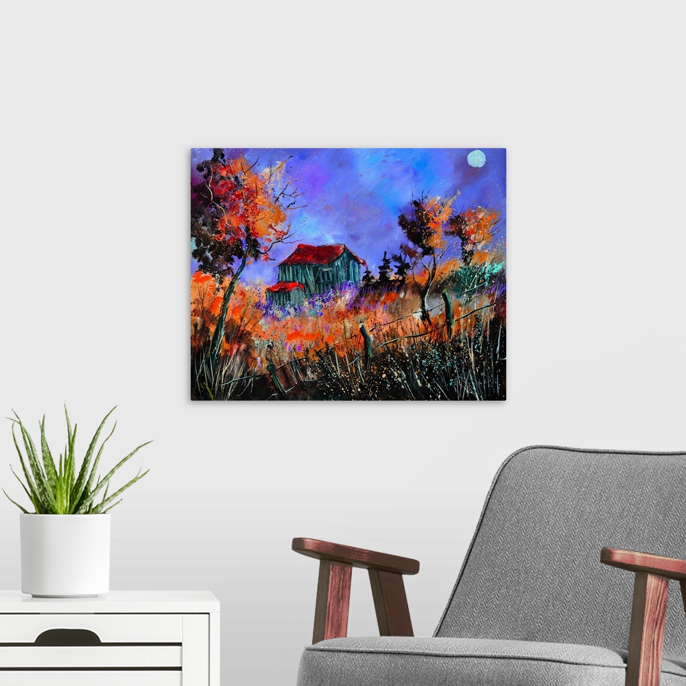 A modern room featuring Vibrant painting of a fall day with golden trees, a colorful sky, and a barn in the distance.