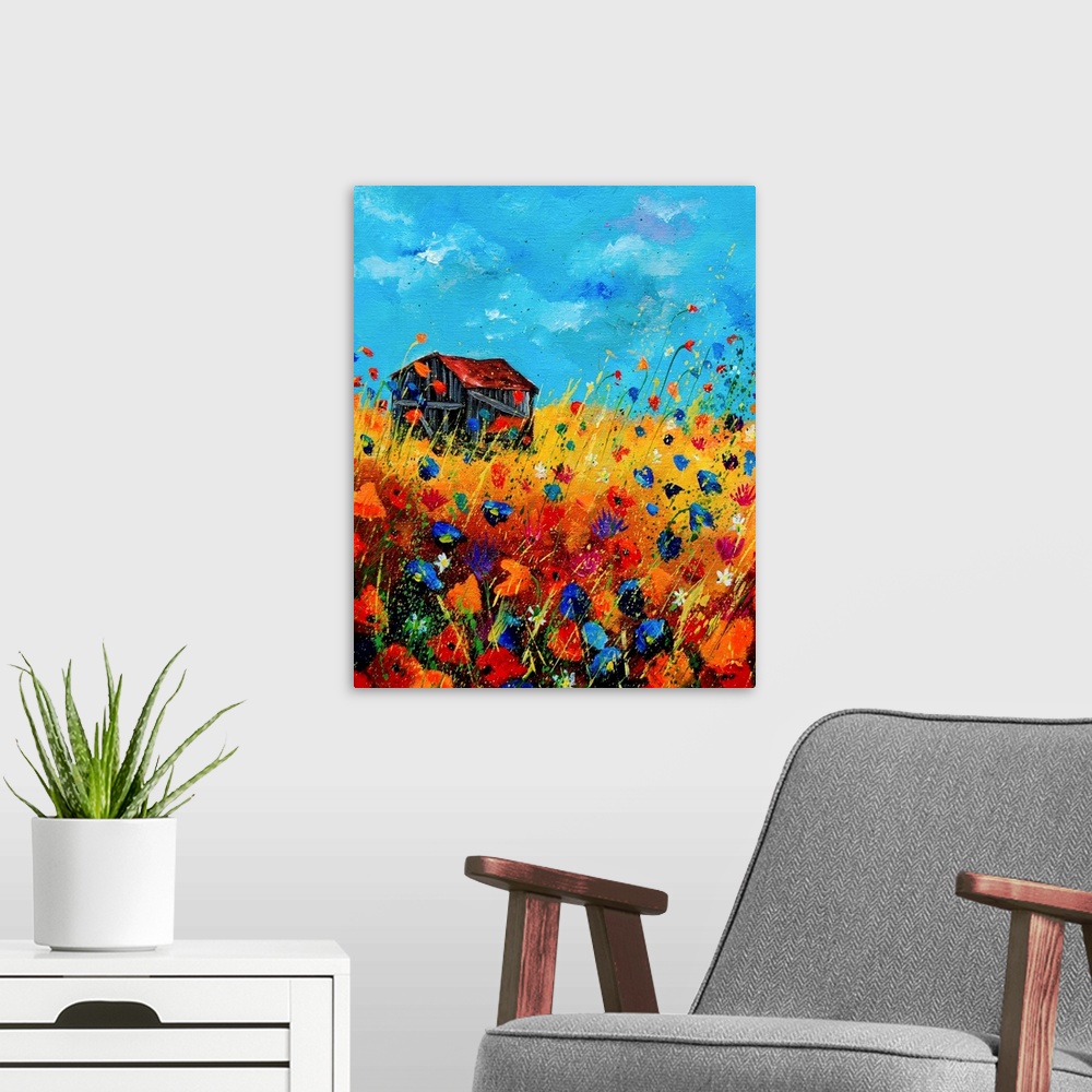 A modern room featuring Vertical painting of a field of orange and blue poppies with a barn and splatters of multi-color ...