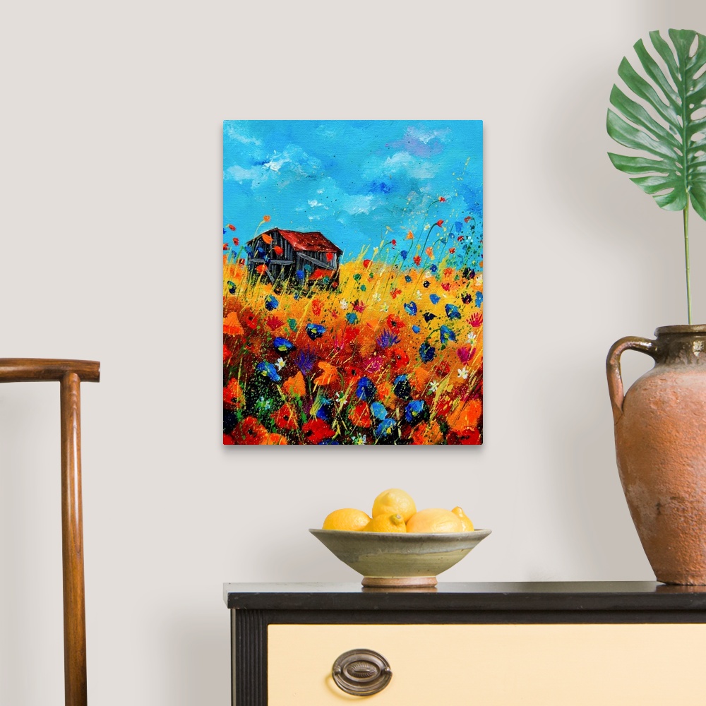 A traditional room featuring Vertical painting of a field of orange and blue poppies with a barn and splatters of multi-color ...