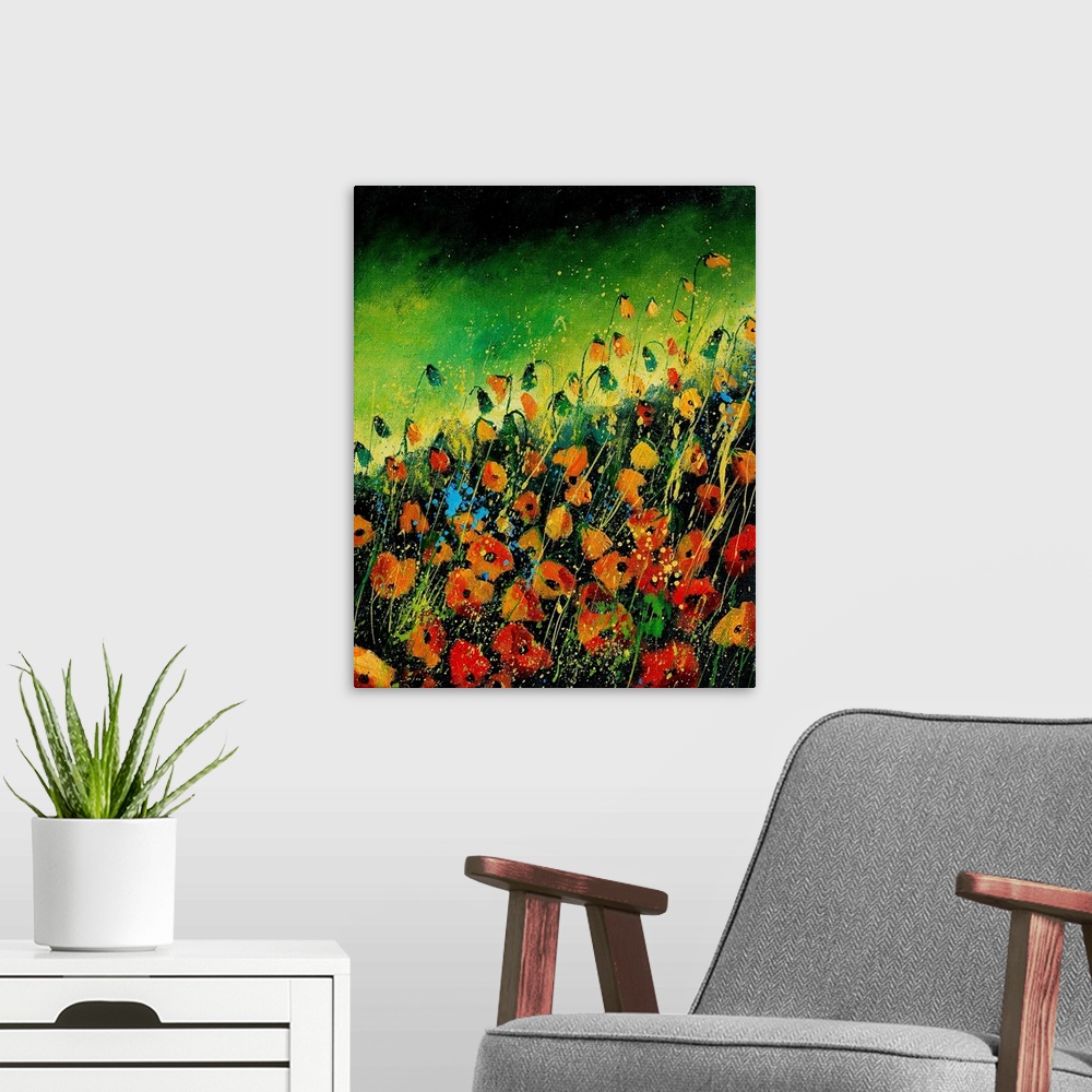 A modern room featuring Vertical painting of a field of orange poppies with splatters of multi-color paint overlapping th...